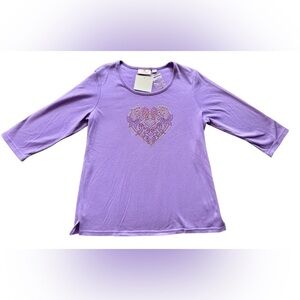 Quacker Factory Women’s Embellished Heart 3/4 sleeve T-shirt Top Purple Size S